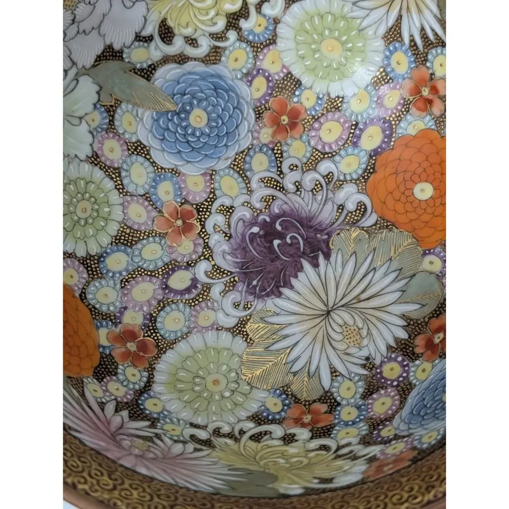 Vintage Kutani Japan Porcelain Bowl Hand Painted Floral Chrysanthemum and Daisy